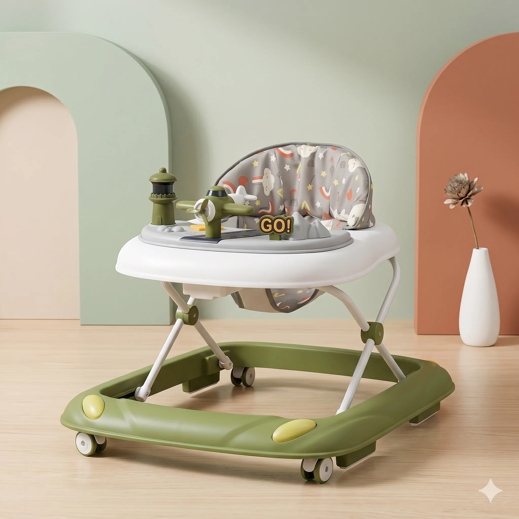 Airplane Baby Walker with Activity Tray Olive Green Foldable Design
