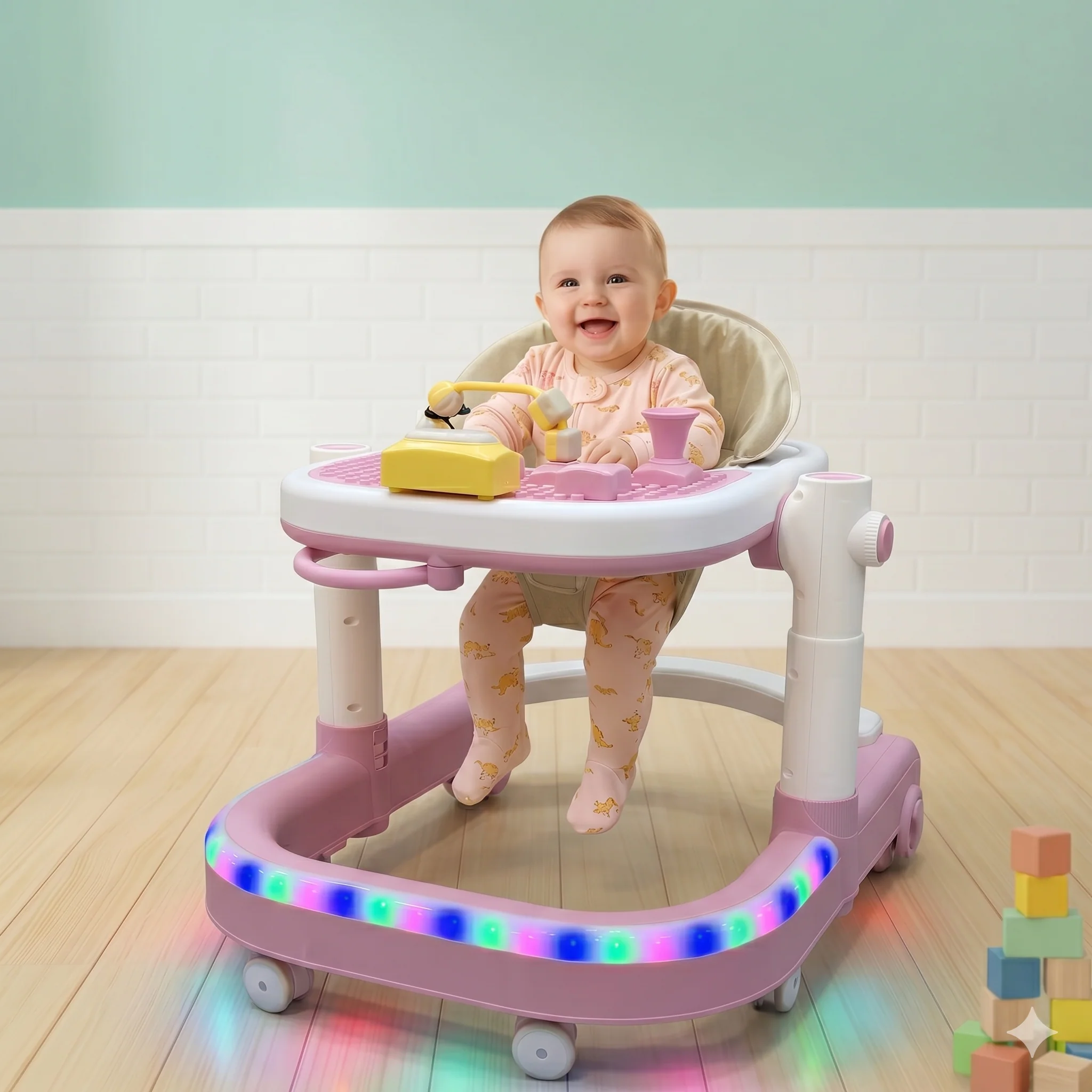 Pink Baby Walker with LED Lights & Activity Tray Height Adjustable