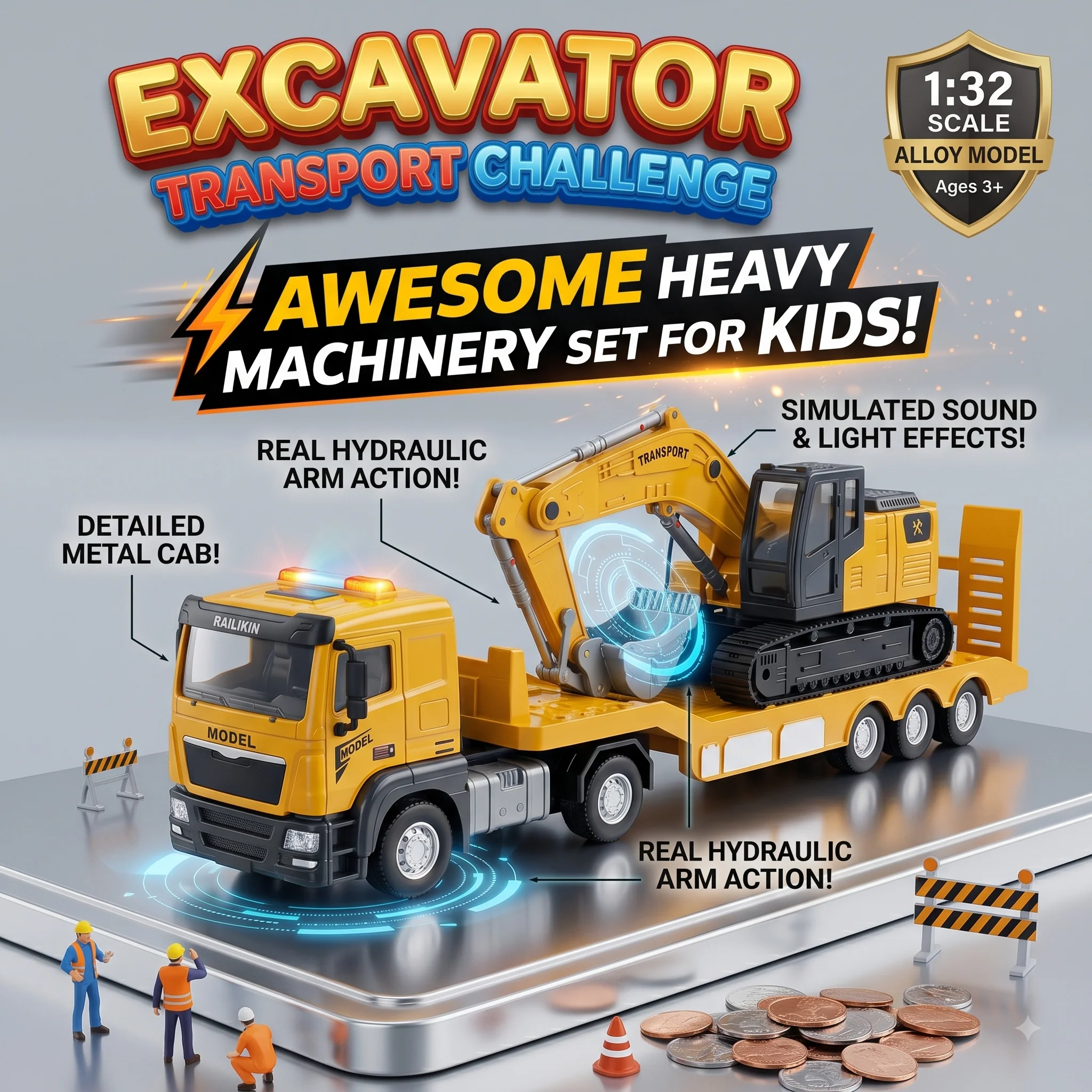 2 in 1 Die-Cast Flatbed Transport Truck with Excavator