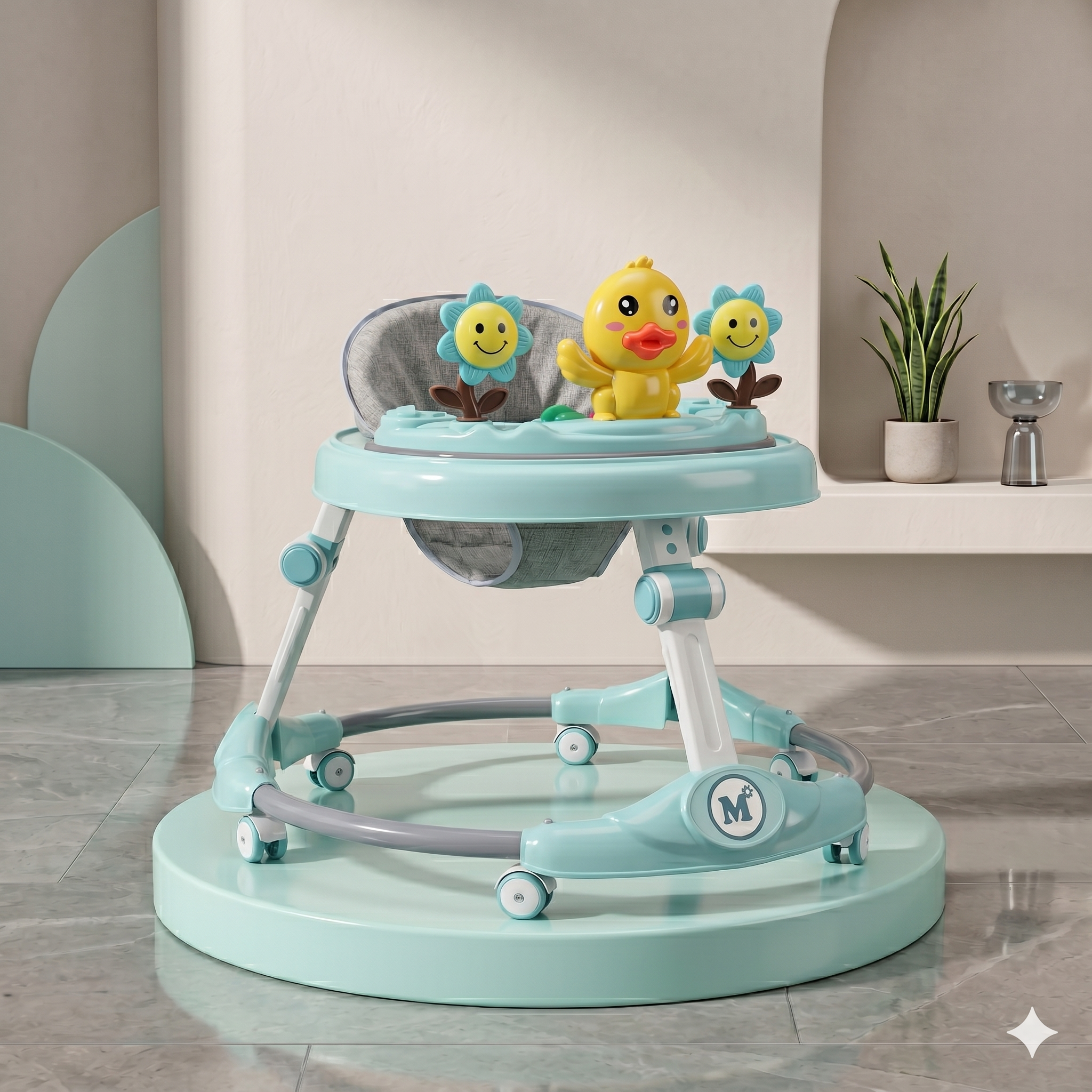 Duck & Sunflower Baby Walker with Storage Basket Mint Foldable Design
