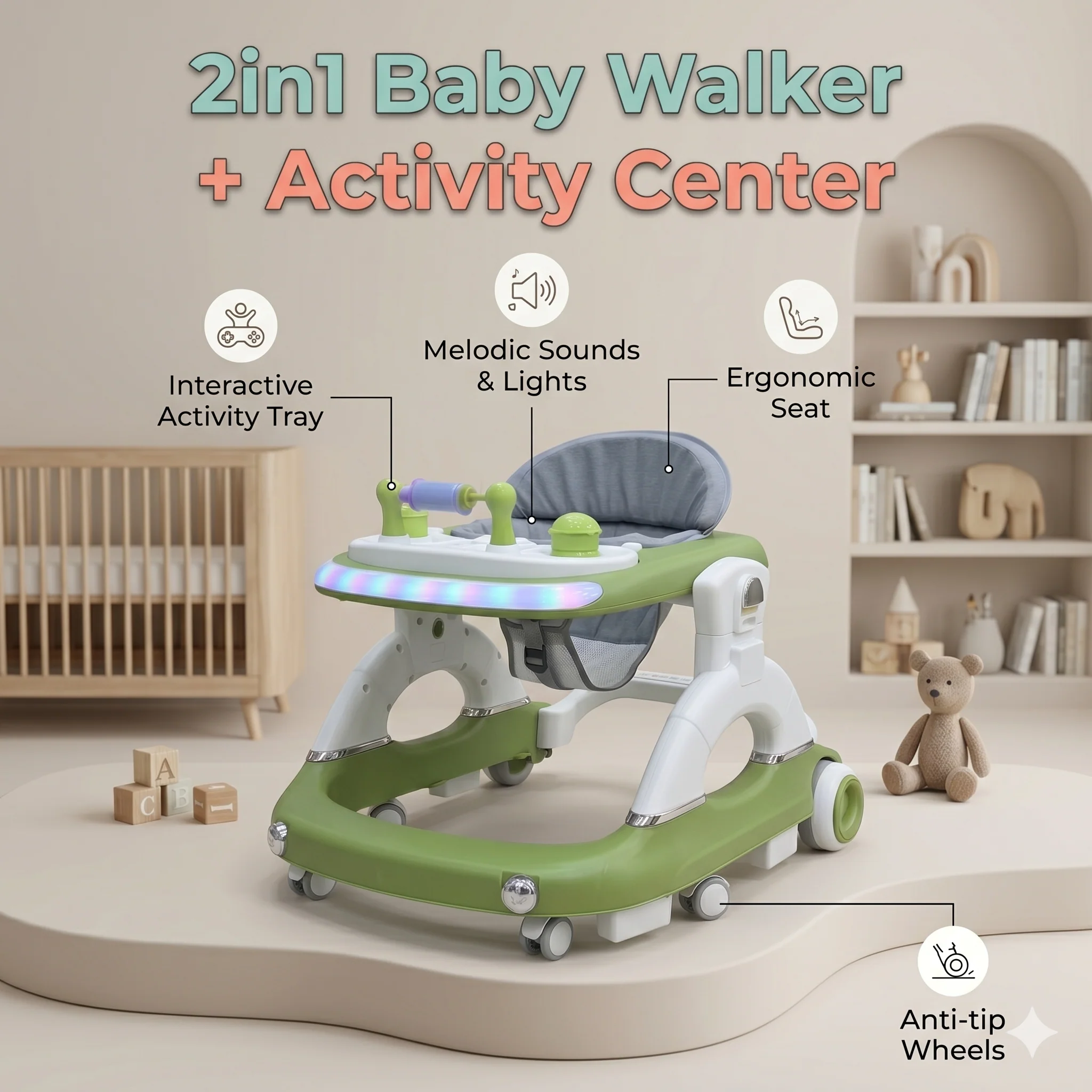 2in1 Baby Walker & Activity Center with Melodic Sounds & LED Lights