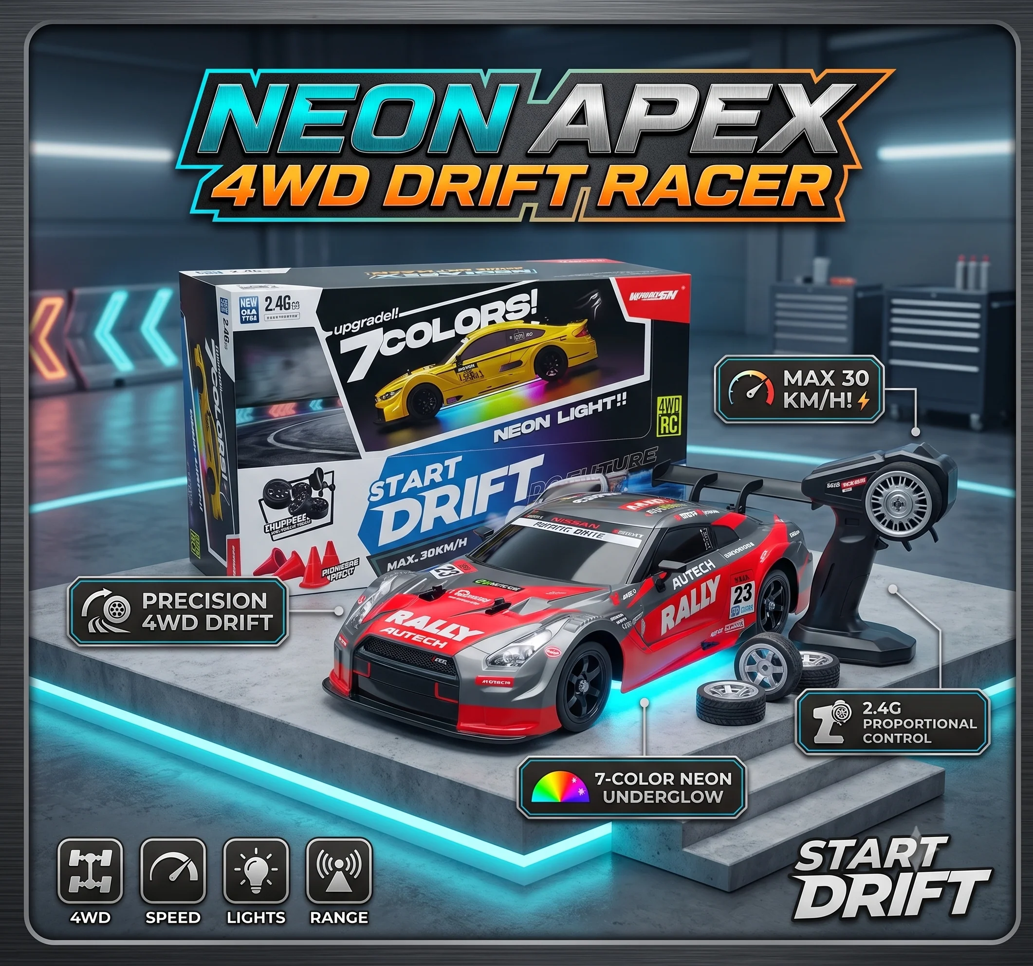 4WD RC Drift Car with 7-Color Neon Lights & Extra Tires – 2.4GHz 30KM/H