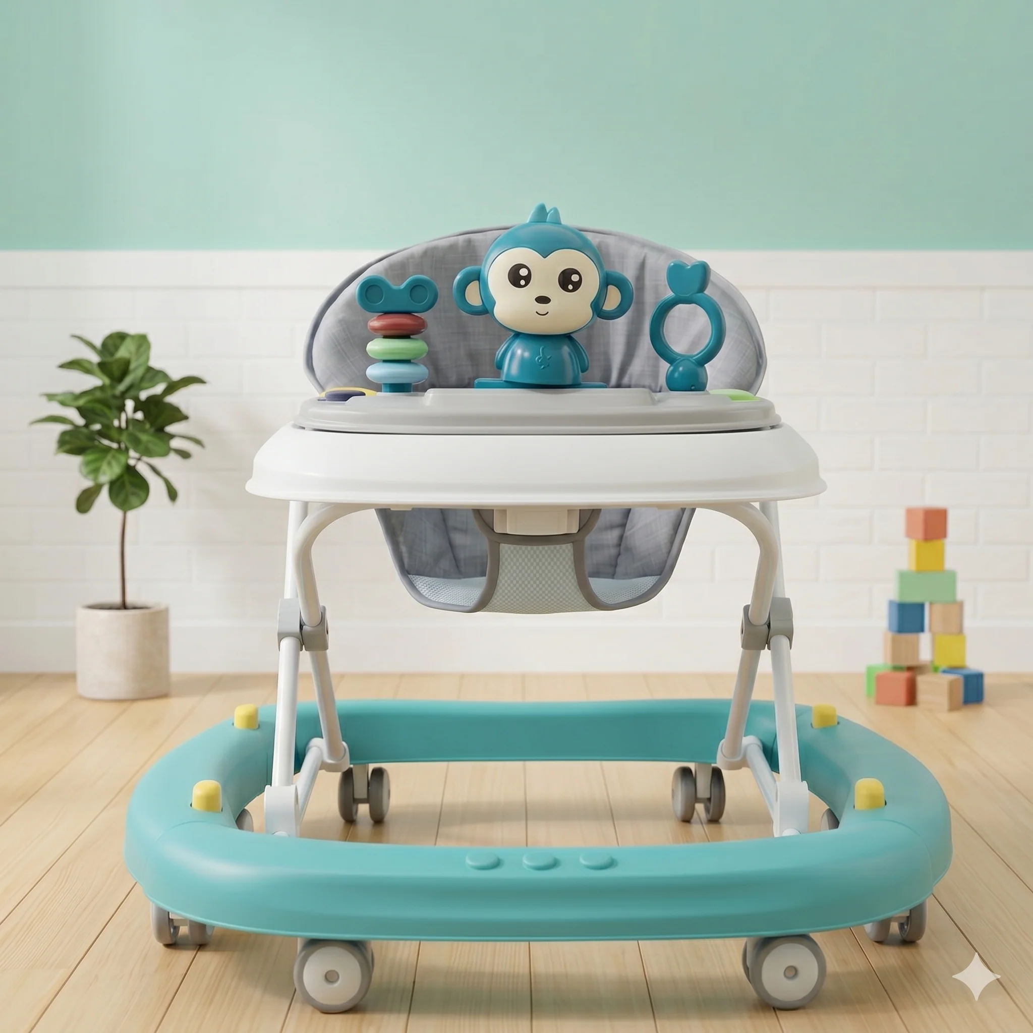Monkey Baby Walker with Stacking Rings & Activity Toys Teal Design