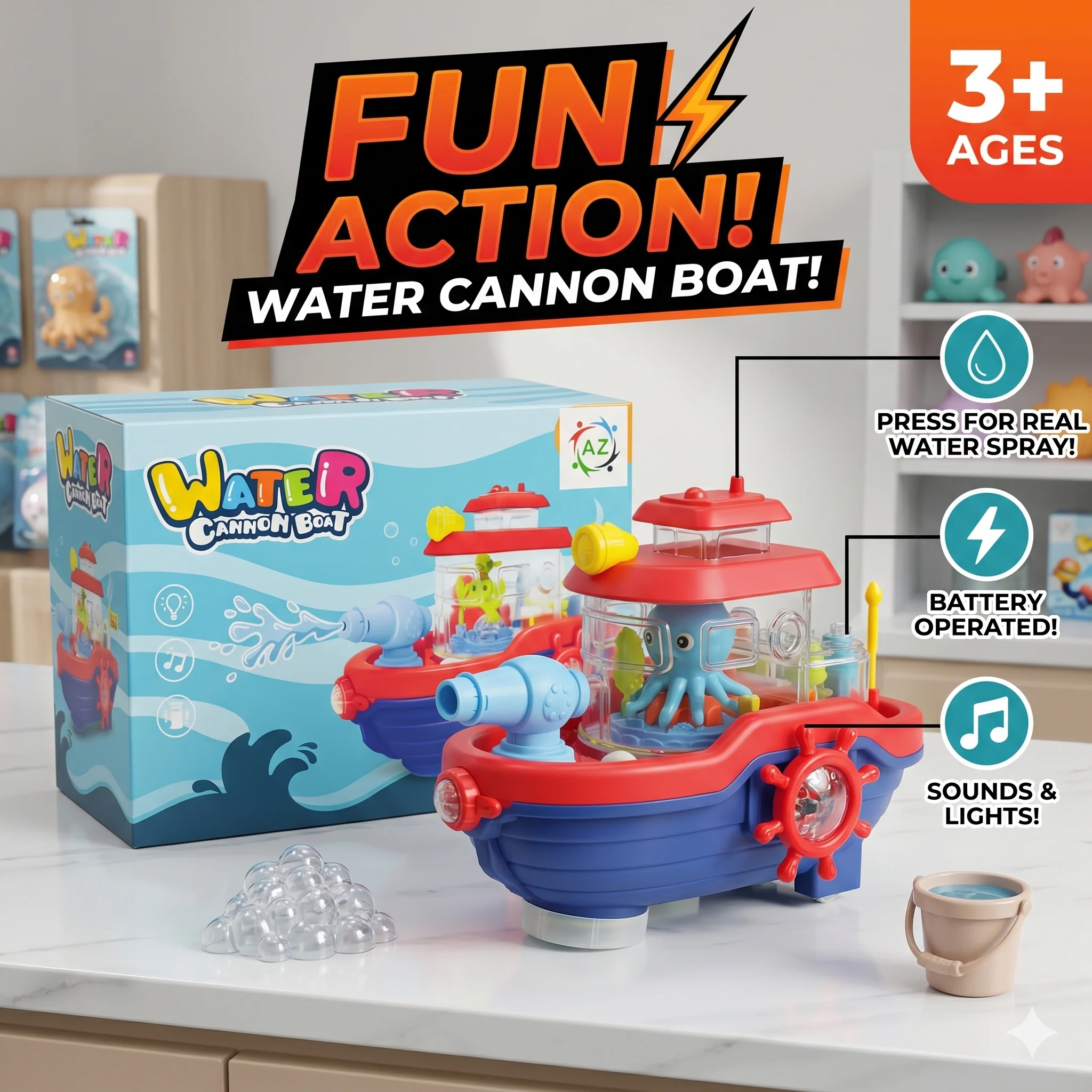 Fun Action! Water Cannon Boat Lights, Sounds & Real Water Spray