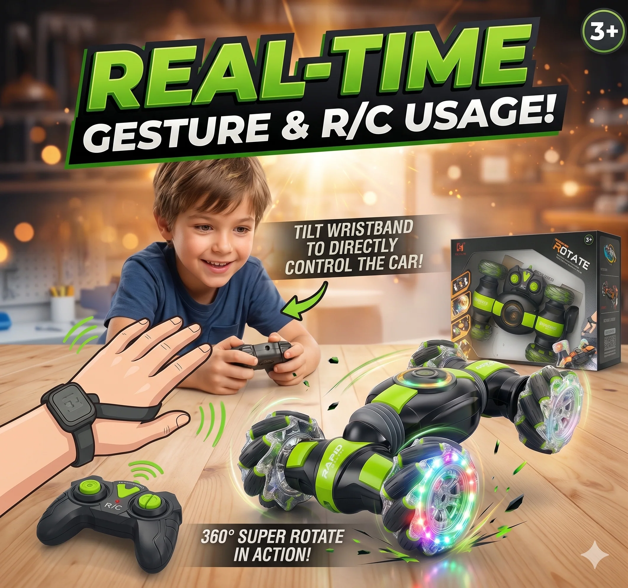 360 Rotation Remote Control And Hand Gesture Stunt Car with Lights And Music