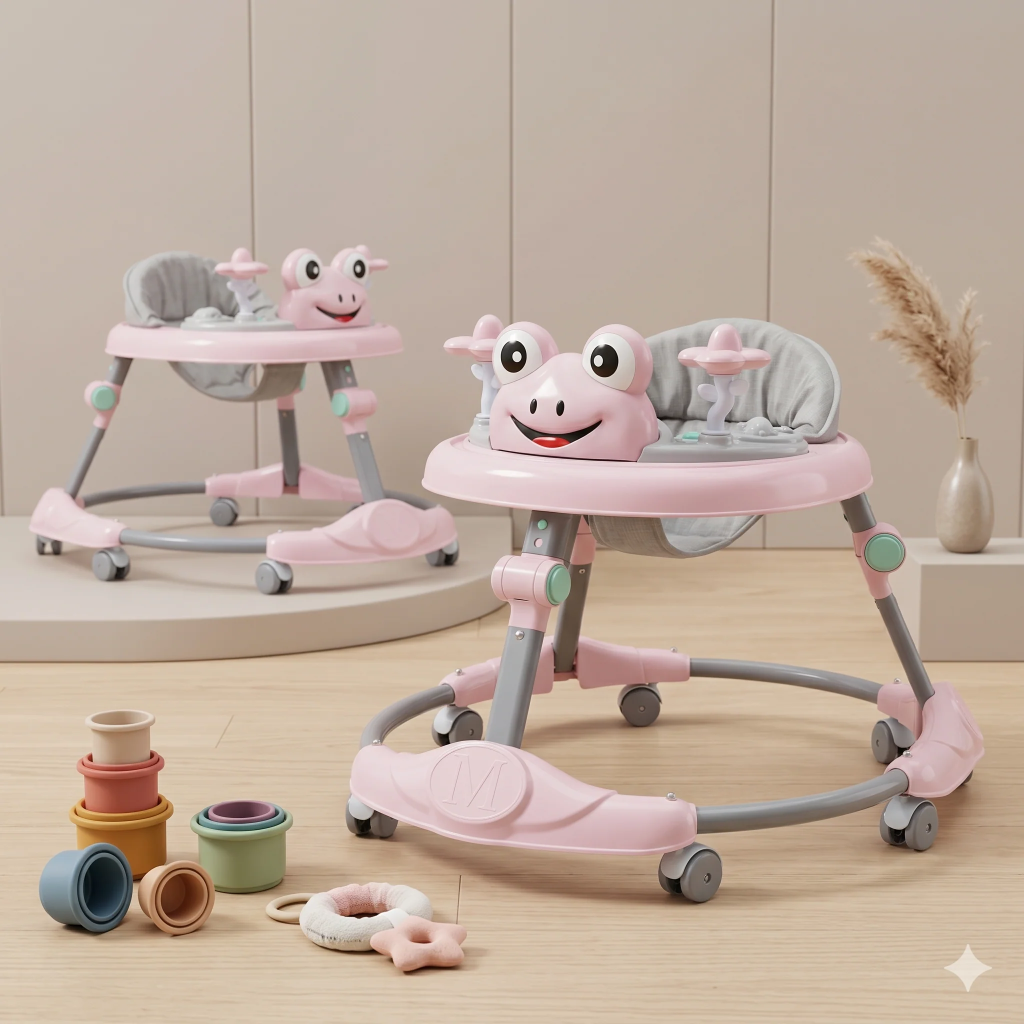 Frog Baby Walker with Full Frog Face Tray Pink Foldable Height Adjustable