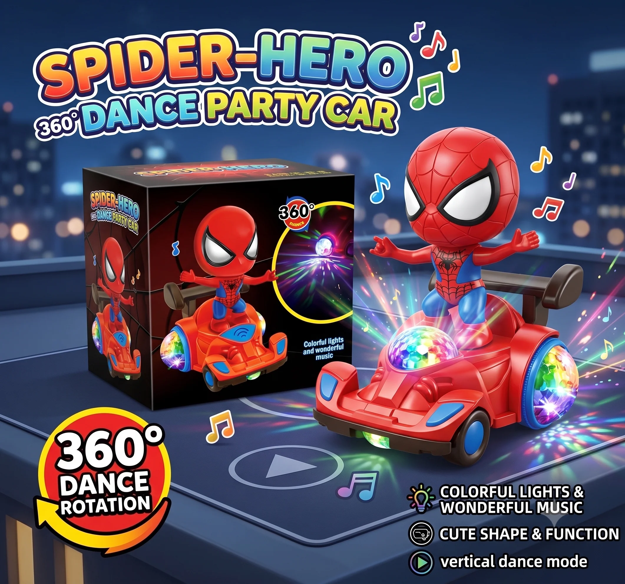 Spider-Man 360° Rotate Dancing Car with Lights & Music