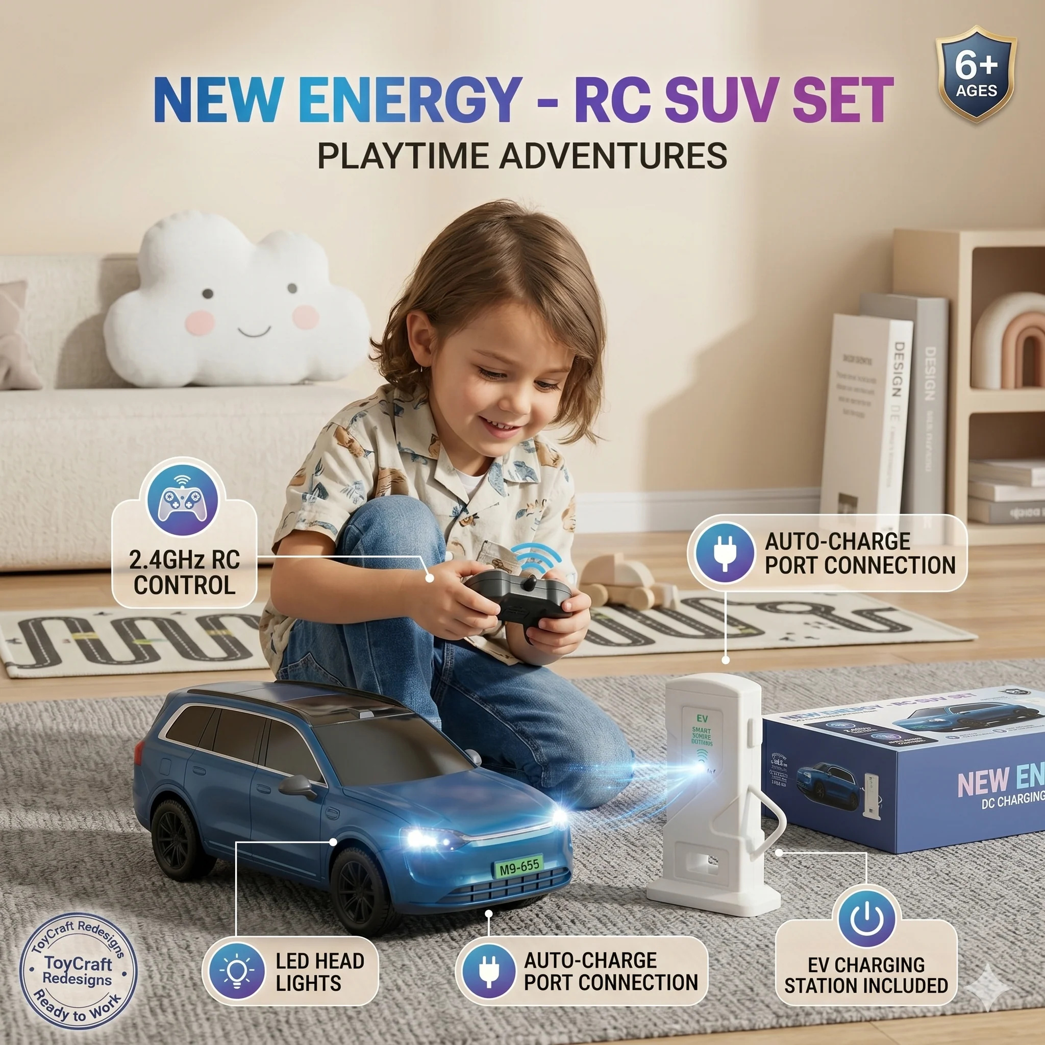 New Energy Electric RC SUV Car Toy Set – 2.4Ghz Remote Control Car with Simulation EV Charging Station