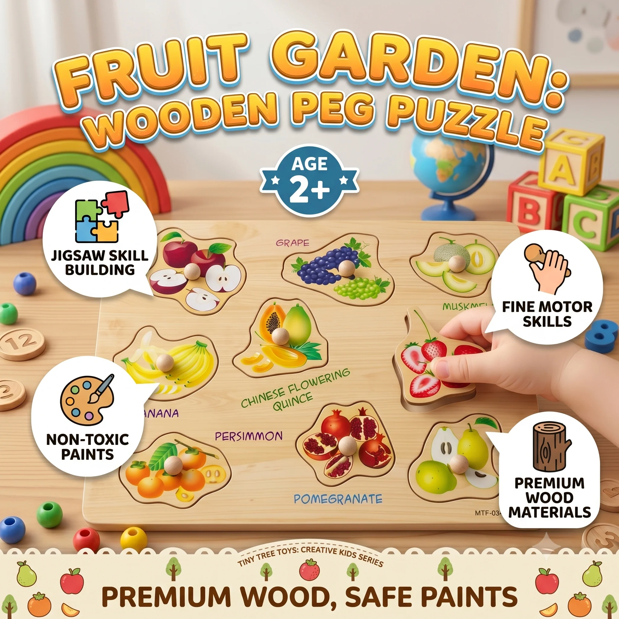 Fruit Garden Wooden Peg Puzzle for Kids | Age 2+