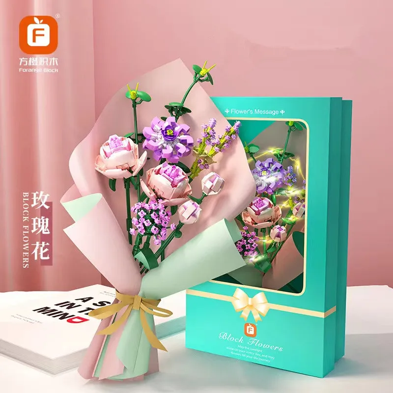 Girls Building Toys Bricks Flower Puzzle with Lighting and Greeting card