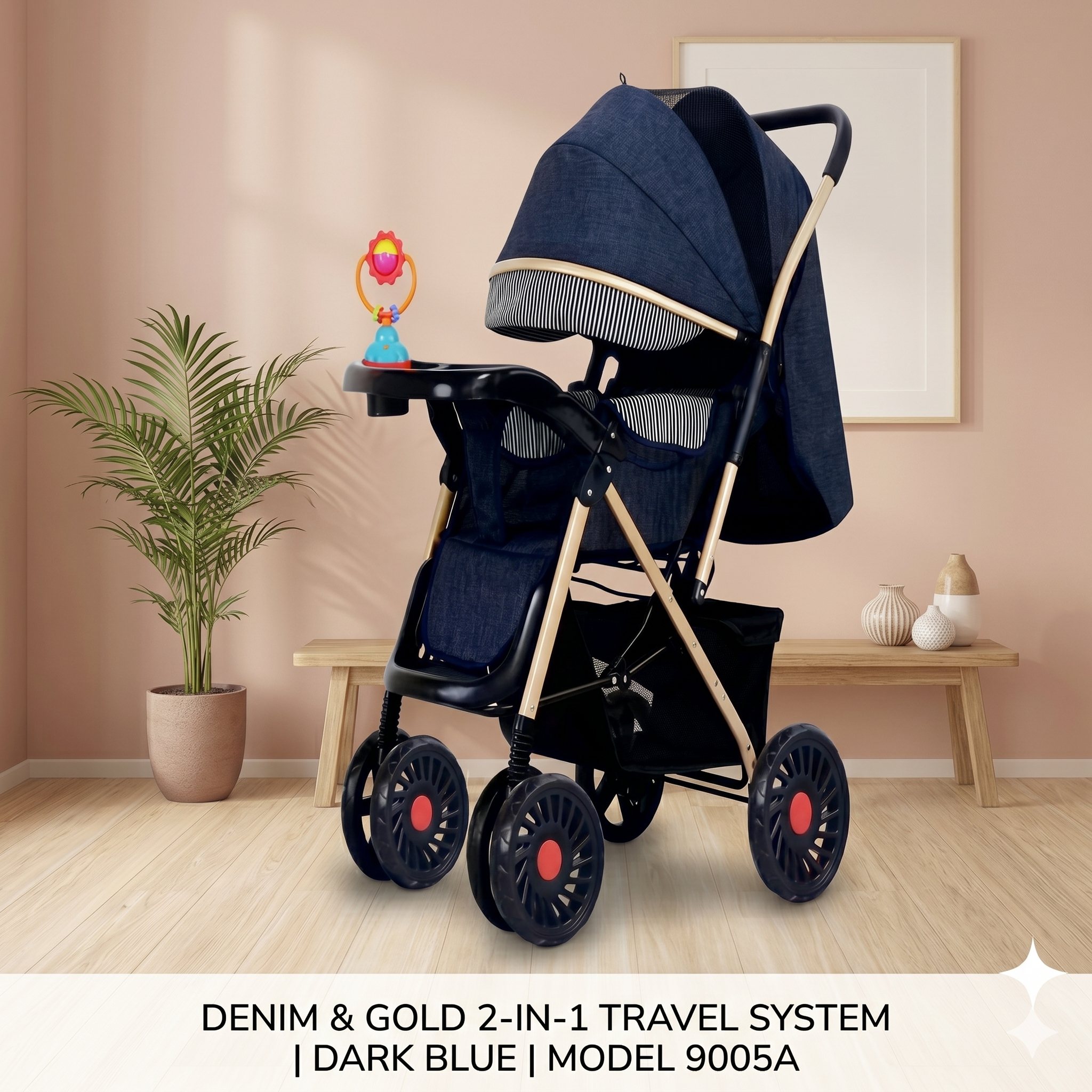 Denim & Gold 2in1 Baby Stroller with Toy Bar & Cup Holder