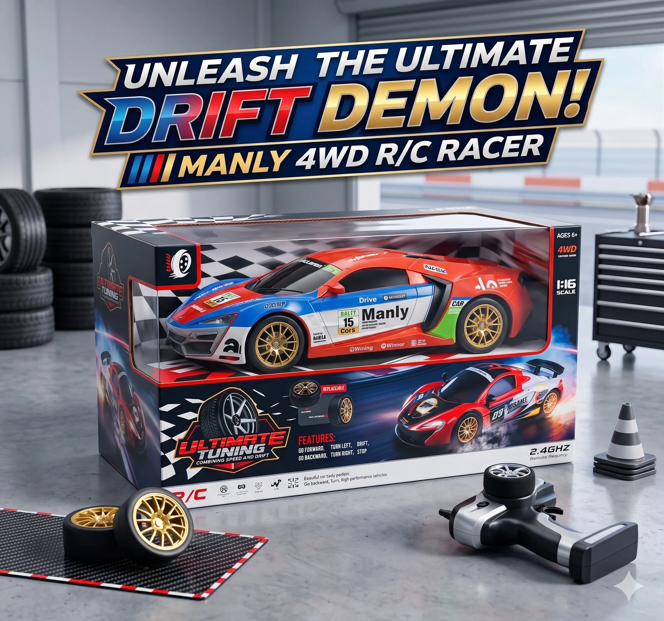 1:16 Scale 4WD Drift Demon RC Racer 2.4GHz Replaceable Drift Tyres
