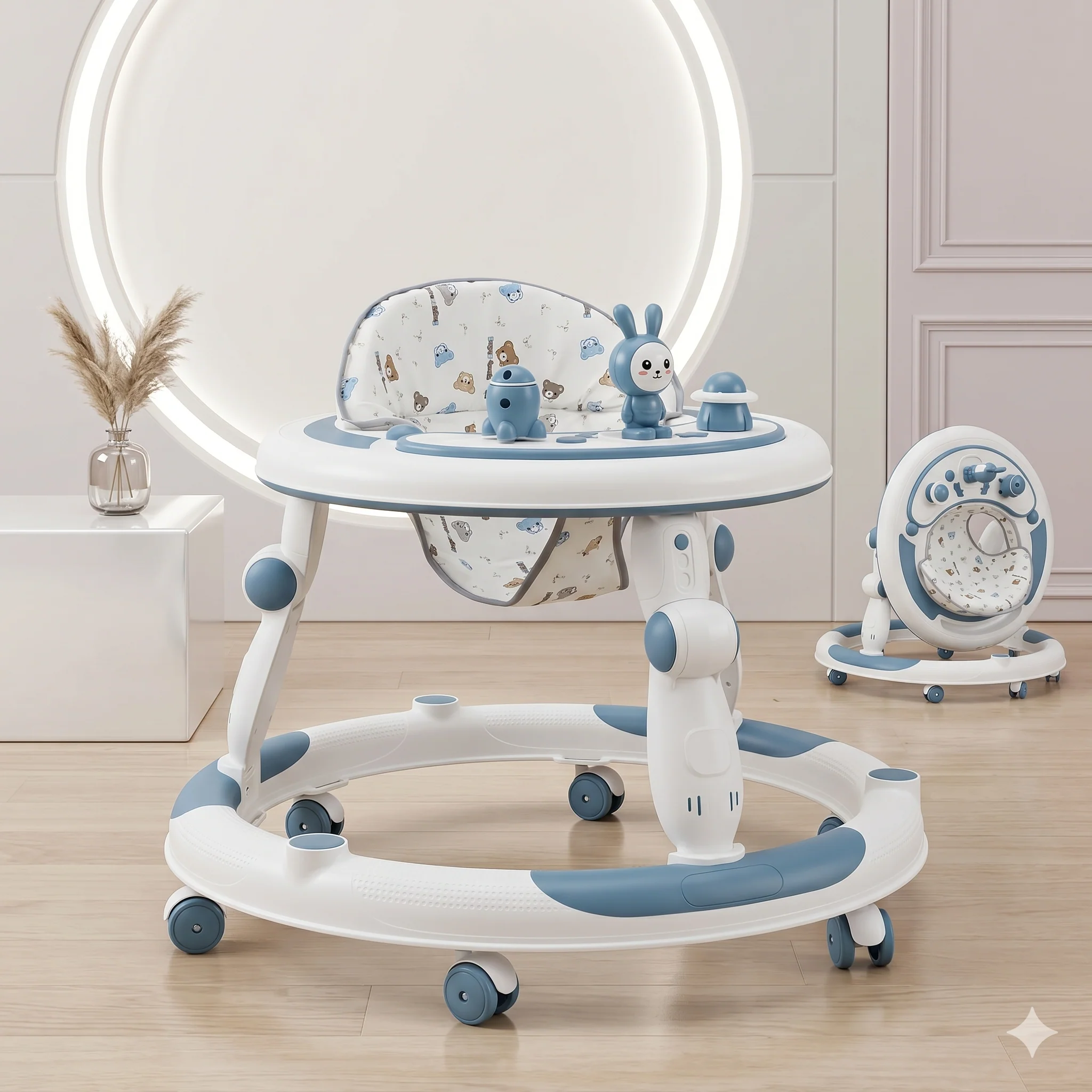 Premium Robot Bunny Baby Walker with 3 Character Toys Blue Foldable