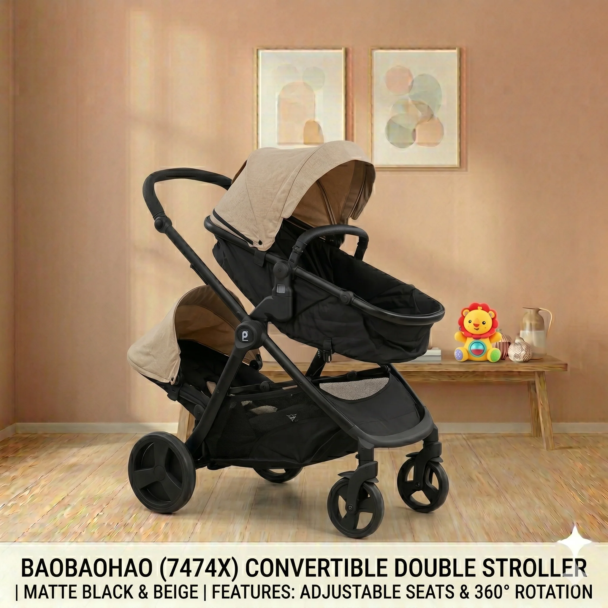 Convertible Double Stroller 360° Wheels & Adjustable Seats