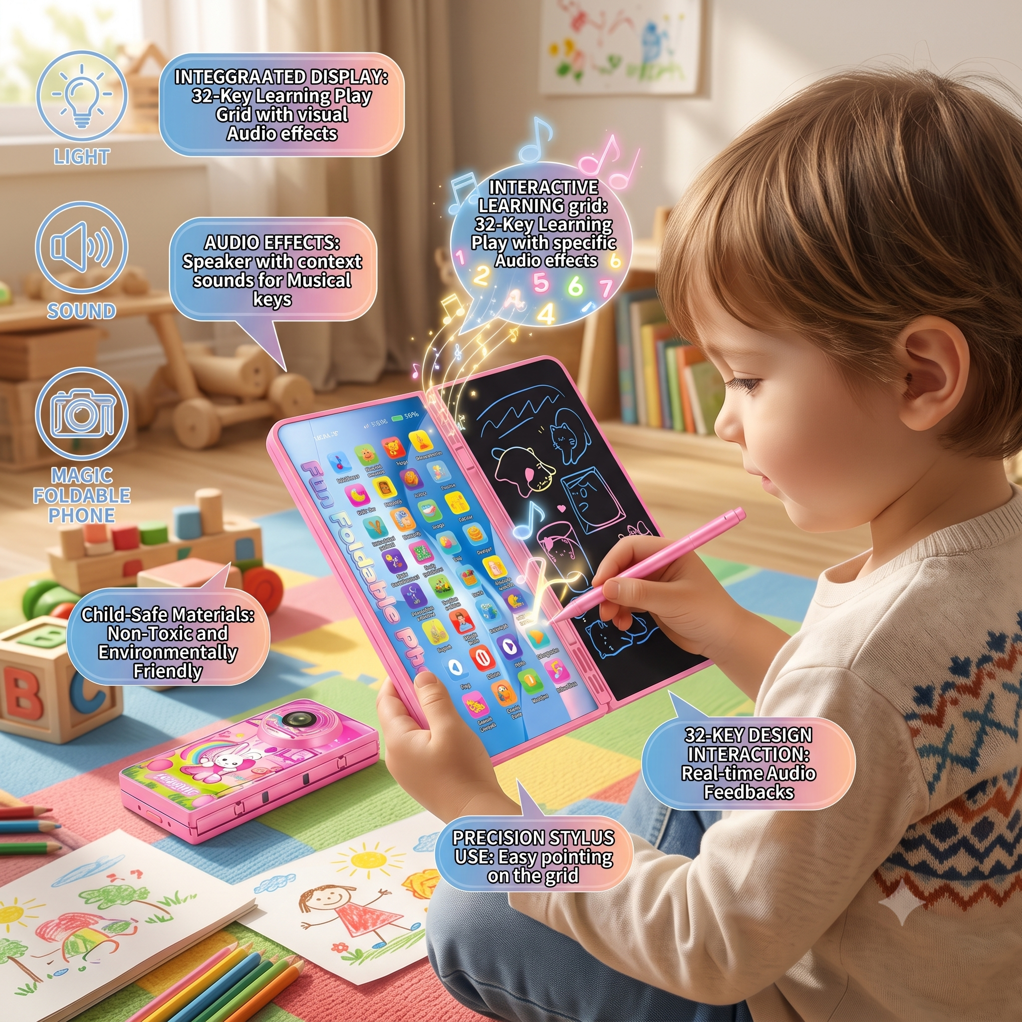 32-Key Magic Foldable Phone With LCD Drawing Board