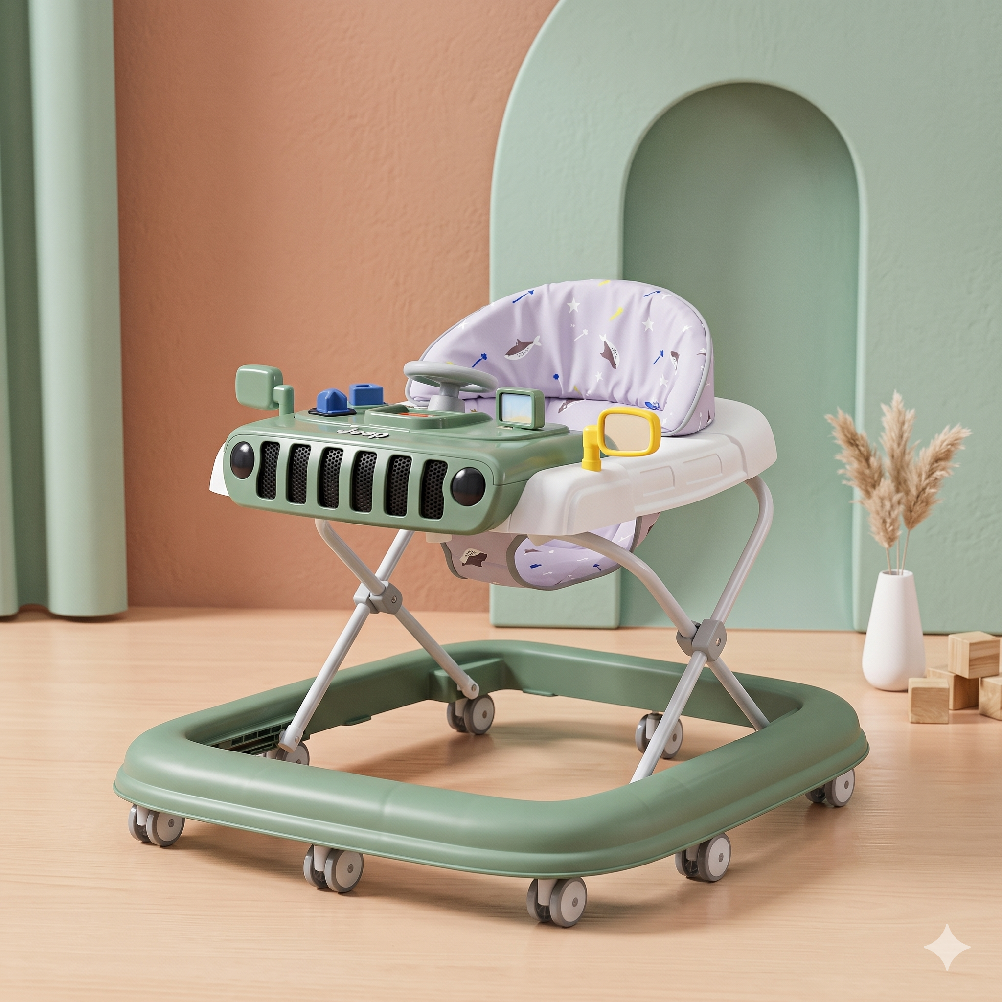 Jeep Baby Walker with Steering Wheel & Activity Panel Sage Green Foldable