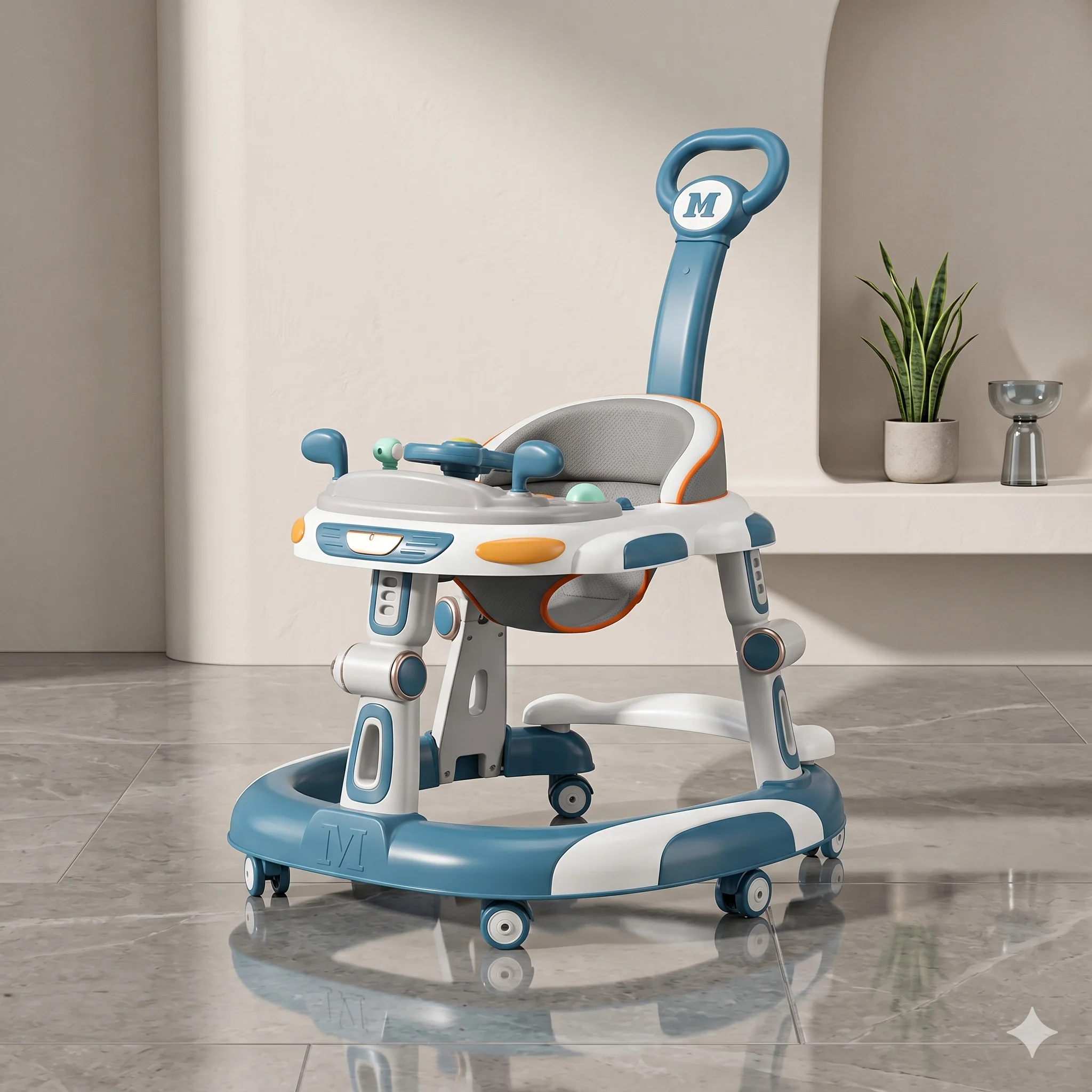 2in1 Baby Walker with Parent Push Handle Spaceship Design Steel Blue
