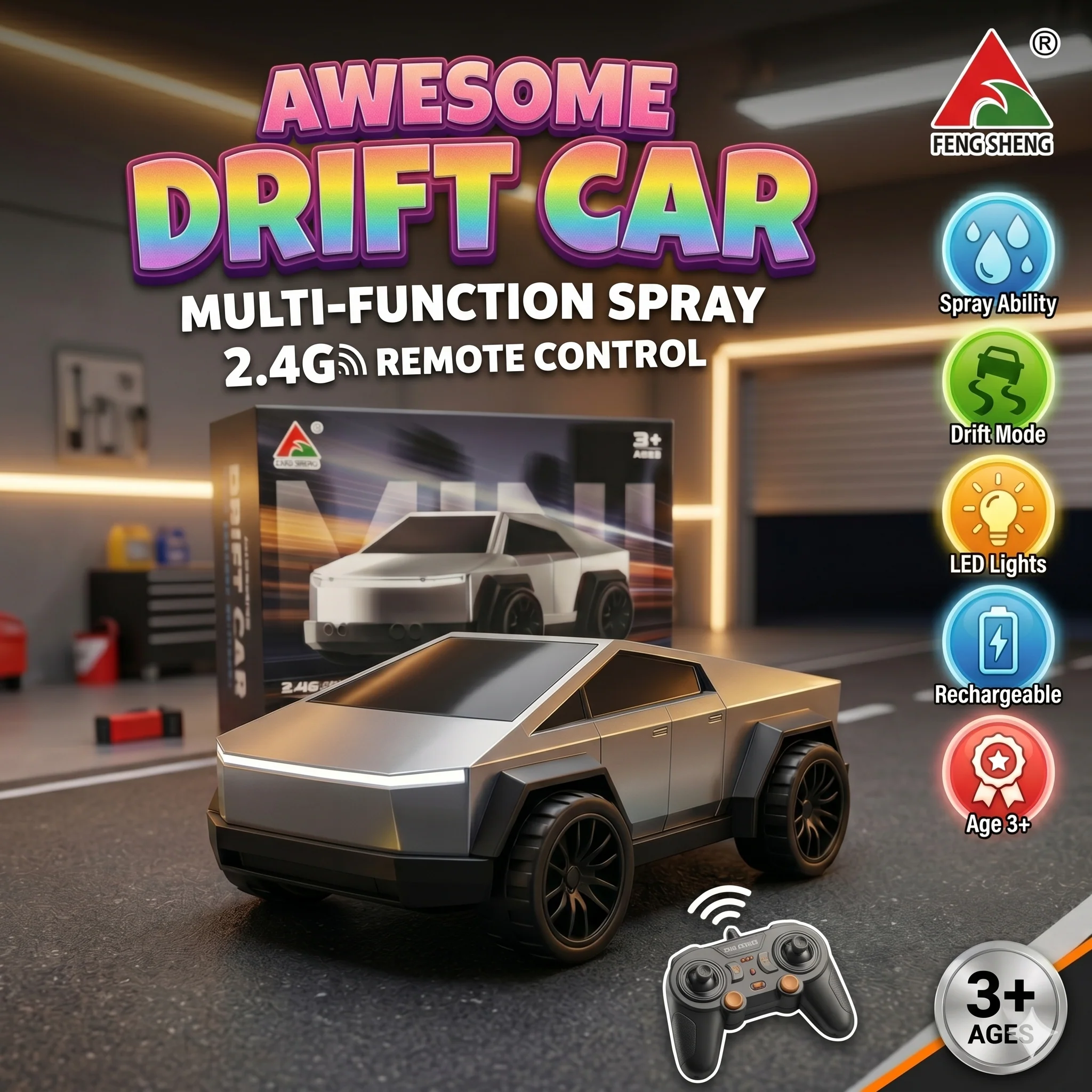 2.4G Remote Control Cybertruck With Spray, LED & Drift Mode